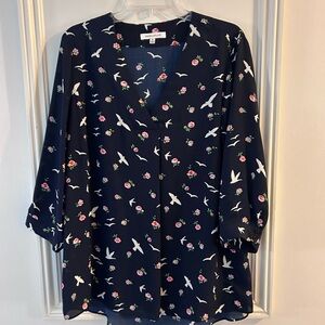 Rose & Olive Navy Floral & Bird V-Neck Blouse